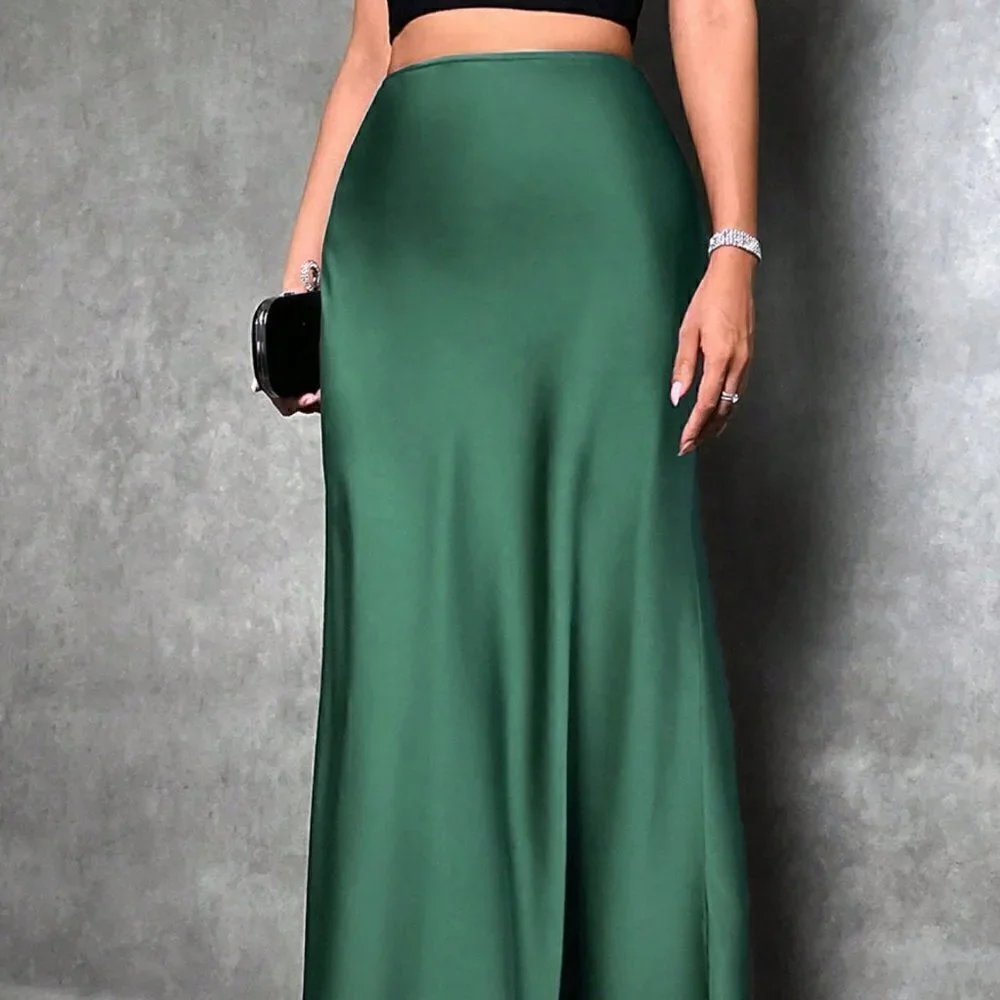 Army Green Casual Womens Solid Maxi Satin Skirt